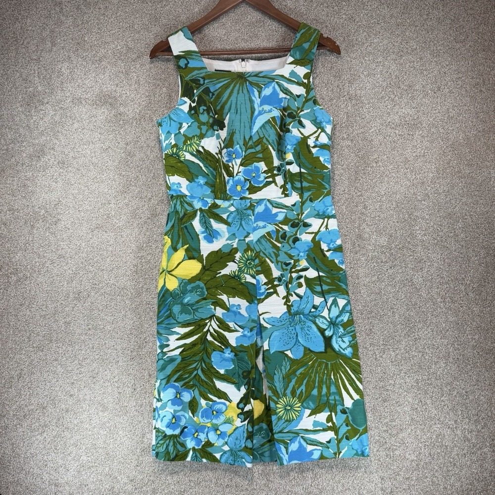 VTG Talbots Blue Green Floral Hibiscus Hawaiian Cotton Tropical Sheath Dress 10P